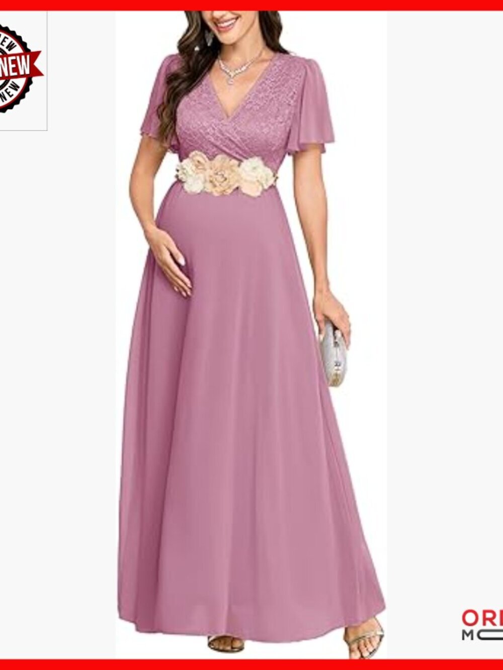 Maternity Maxi Dress Lace Wrap V-Neck Flowy Chiffon Gown Baby Shower Wedding